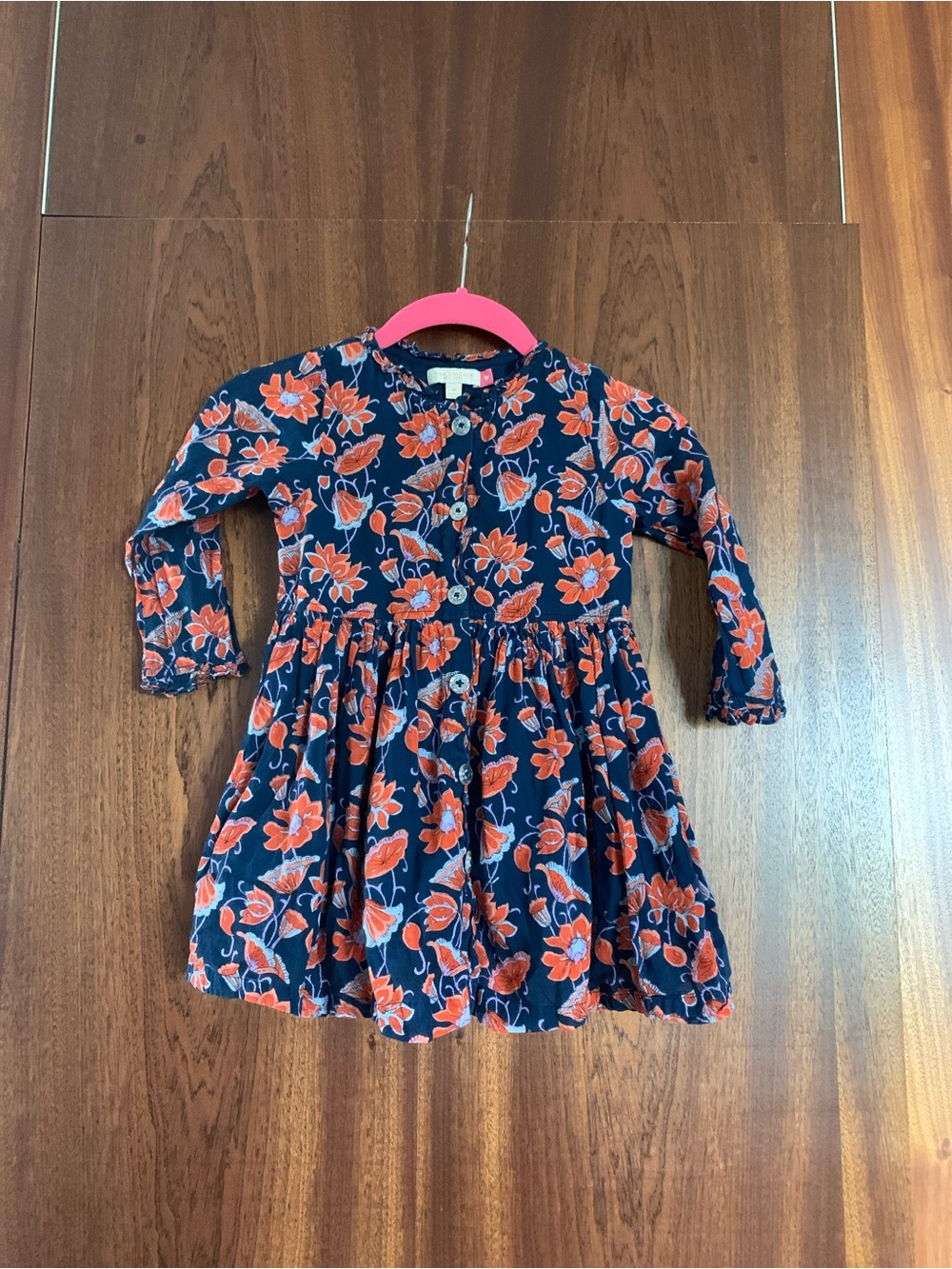 Pink Chicken Navy Dress with Red Orange and Lavender Floral Print